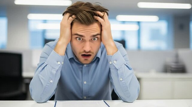 Stressed Young Man in Blue Shirt at Office Desk with Papers and Head in Hands