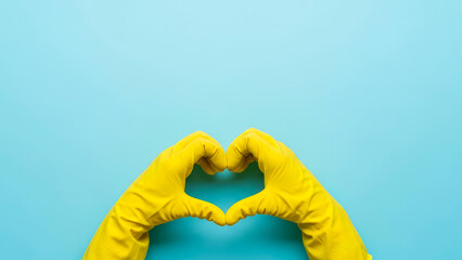 Hands in yellow gloves forming heart on blue background