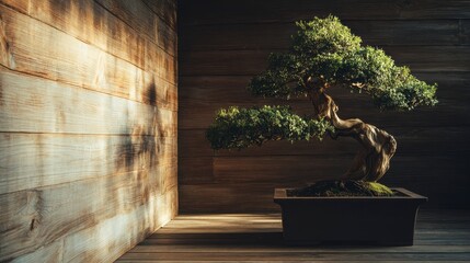 A meticulously crafted bonsai tree stands gracefully in a dark wooden enclosure, illuminated by a beam of sunlight