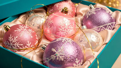 Pink and purple christmas baubles in gift box