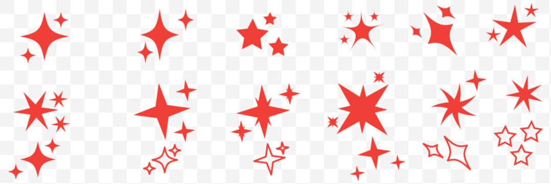 Collection of different vector sparkling stars icon, decorative twinkle and bursts forms, abstract shining flash symbols, glowing light effect, y2k style basic shapes geometric graphic elements