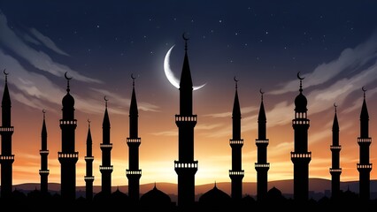 Silhouette of Minarets Against a Crescent Moon and Dusk Sky, Evoking a Sense of Peace and Spirituality