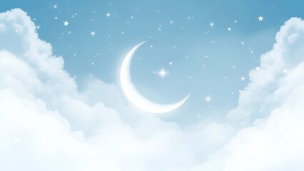 Dreamy Celestial Night Sky with a Shimmering Crescent Moon and Twinkling Stars Amidst Soft, Fluffy Clouds for Peaceful Backgrounds
