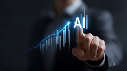 A person in a suit points to the word "AI" superimposed on a blue rising graph. Conceptual and technological representation