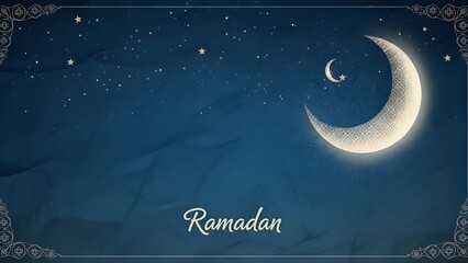 Ramadan Kareem Crescent Moon and Stars on a Deep Blue Night Sky Background with Decorative Borders