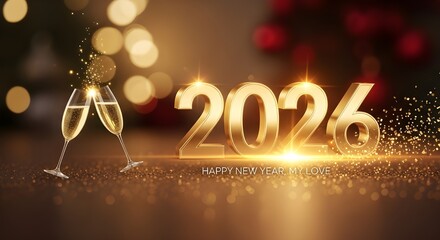 Romantic Happy New Year 2026 background with champagne glasses, golden 3D numbers and bokeh lights, Generative AI.