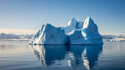 Majestic iceberg floating in calm Antarctic waters with snow-capped mountains
