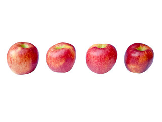 Four fresh red apples in a row on a white background, each with unique shape and color variations, ideal for themes of counting, comparison, or healthy eating.