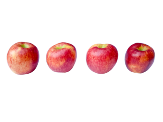 Four fresh red apples in a row on a white background, each with unique shape and color variations, ideal for themes of counting, comparison, or healthy eating.