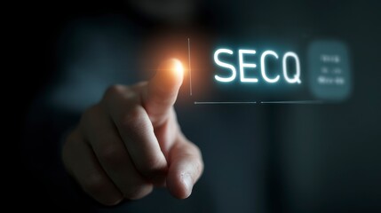 A person?s fingertip touches a glowing interface displaying the letters SECQ, possibly activating a function with an icon