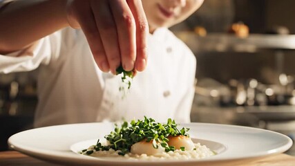 Skilled culinary professional meticulously adds fresh herbs to a beautifully plated gourmet scallop dish, perfecting the presentation in a high-end restaurant kitchen setting
