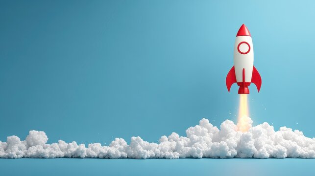 A red and white toy rocket blasts off from fluffy white clouds against a clean, light blue backdrop