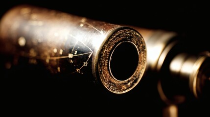 markings. Antique brass telescope pointed at starry sky, engraved markings on vintage scientific instrument. STEM education sheets.