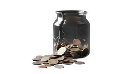 Shattered Glass Money Jars with Spilled Gold Coins Collection, Financial Crisis and Bankruptcy Concept for Business and Economy