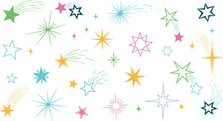 Colorful star and comet icons in dynamic layout with vibrant shapes and trails for festive, celebratory, and vector design use © MDABDULLAHAL
