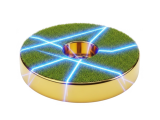 Shiny gold ring with grass and futuristic neon lines isolated on transparent background for technology branding and web design