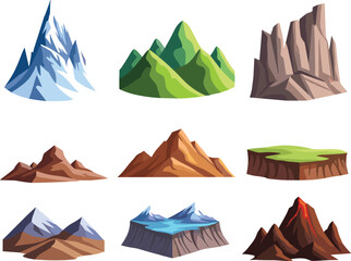 Set of nine stylized landform and mountain icons in grid layout, featuring diverse geological shapes for educational and vector design use