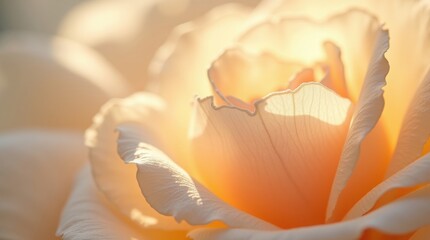 Ethereal close-up of a light orange rose with soft, translucent petals, bathed in warm, diffused sunlight