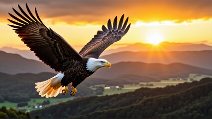 digital illustration bald eagle flight eagle center its wings spread wide its head turned towards right side frame has white head neck its wings spread wide soars through air background beautiful
