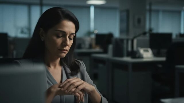Professional Middle-Aged Woman Sitting in Modern Office Environment During Late Hours