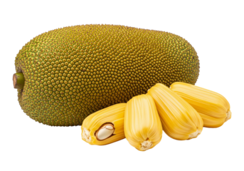Fresh jackfruit and its edible pulp segments on black