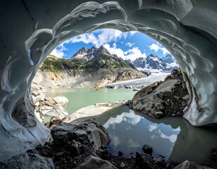Glacier cave opening reveals turquoise lake and snowy mountains under a cloudy sky