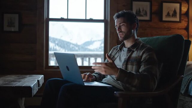 Young man engaging in remote work from the warmth of a rustic cabin, enjoying the serene winter mountain landscape through the window