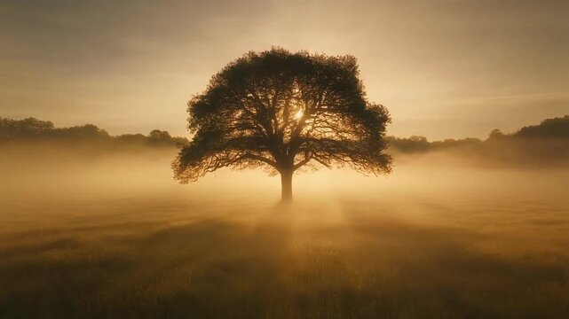 Majestic tree stands alone in misty sunrise landscape