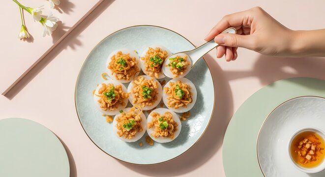 Traditional Vietnamese Banh Beo, small steamed rice cakes with savory dried shrimp topping