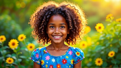 portrait young girl curly hair she standing field yellow flowers green leaves girl wearing blue dress colorful stars she has big smile her face looking directly camera background blurred appears