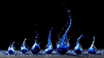 A series of vibrant blue liquid splashes against a stark black background.  Each unique form captured in dynamic detail