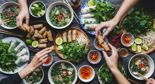 Traditional Vietnamese Food Spread Pho Noodle Soup, Spring Rolls, and Herbs Shared by Friends
