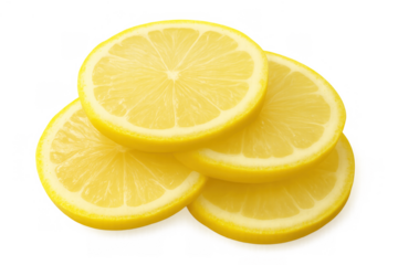 Fresh lemon slices, bright yellow citrus fruit, providing vitamin c and sour flavor, transparent background for easy use
