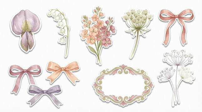 Vintage floral stickers with ribbons and ornate frame for scrapbooking