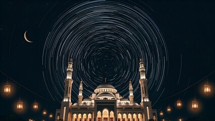 Ramadan Kareem Ramadan Mosque Under Starry Night Sky with Lanterns