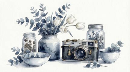 A watercolor still life featuring a vintage camera, tulips, eucalyptus, and botanical jars in shades of blue and grey.