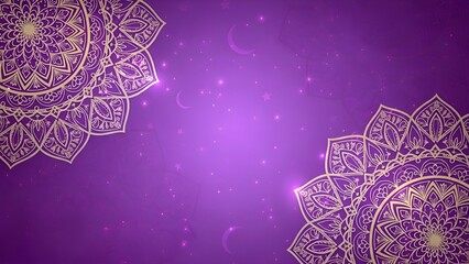 Luxurious purple background featuring intricate golden mandala patterns, subtle light flares, and sparkling elements, creating an elegant and festive decorative design