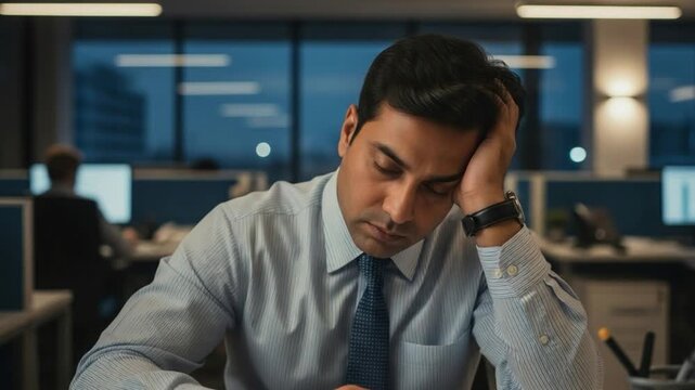 Stressed Male Office Worker in Formal Attire Concentrating on Tasks in Modern Workspace During Evening Hours