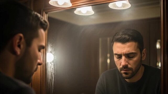 Man contemplating self-identity gazing at mirror reflection