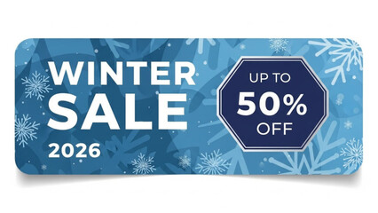 Winter sale 2026 label with up to 50 percent off discount on blue snowy background