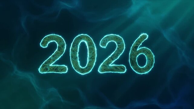 Futuristic 2026 celebration with glowing blue lights and particles