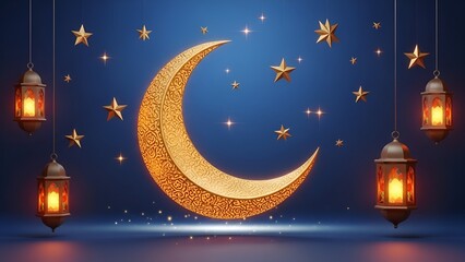 Glistening golden crescent moon and twinkling stars illuminate a serene night sky, adorned with glowing lanterns, symbolizing peace and spiritual celebration during a special occasion