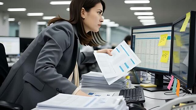 書類を散らかして頭を抱える女性、仕事の失敗とパニック