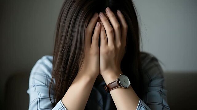 両手で顔を覆い隠す女性、現実逃避と深い絶望