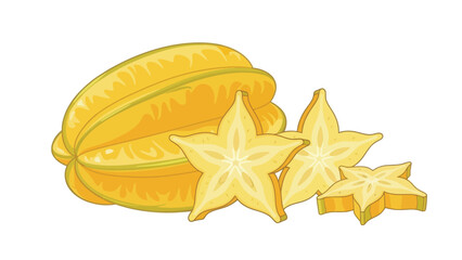 Fototapeta premium Illustration of a whole and sliced starfruit on a white background with a simple, graphic style and warm yellow tones.