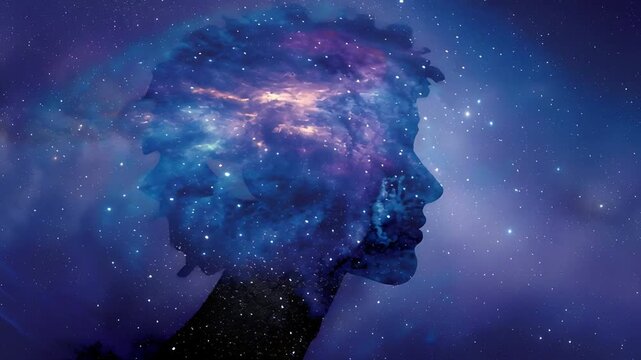 紫色の宇宙が内包された人間のシルエット、深い精神性と神秘的な力