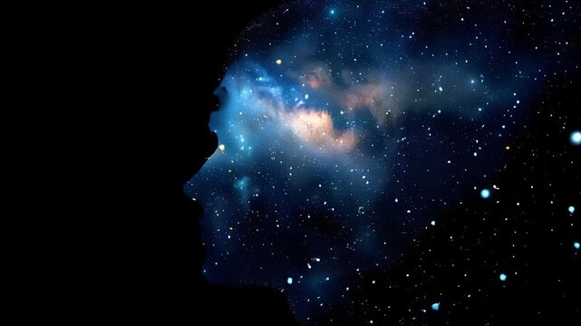 青い宇宙が広がる人間のシルエット、思考と想像力の無限の広がり