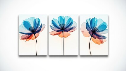 Beautiful triptych of blue and orange flowers on white background
