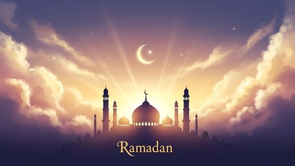 A majestic mosque illuminated by the soft glow of twilight, with a crescent moon and stars gracing the serene sky, embodying the spirit of Ramadan
