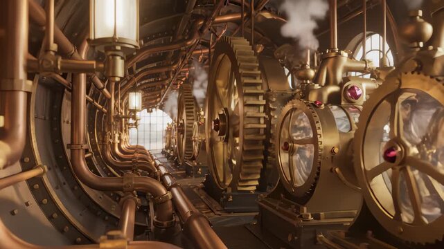 Steampunk Machine With Gears Steam and Pipes in Motion, Illustration